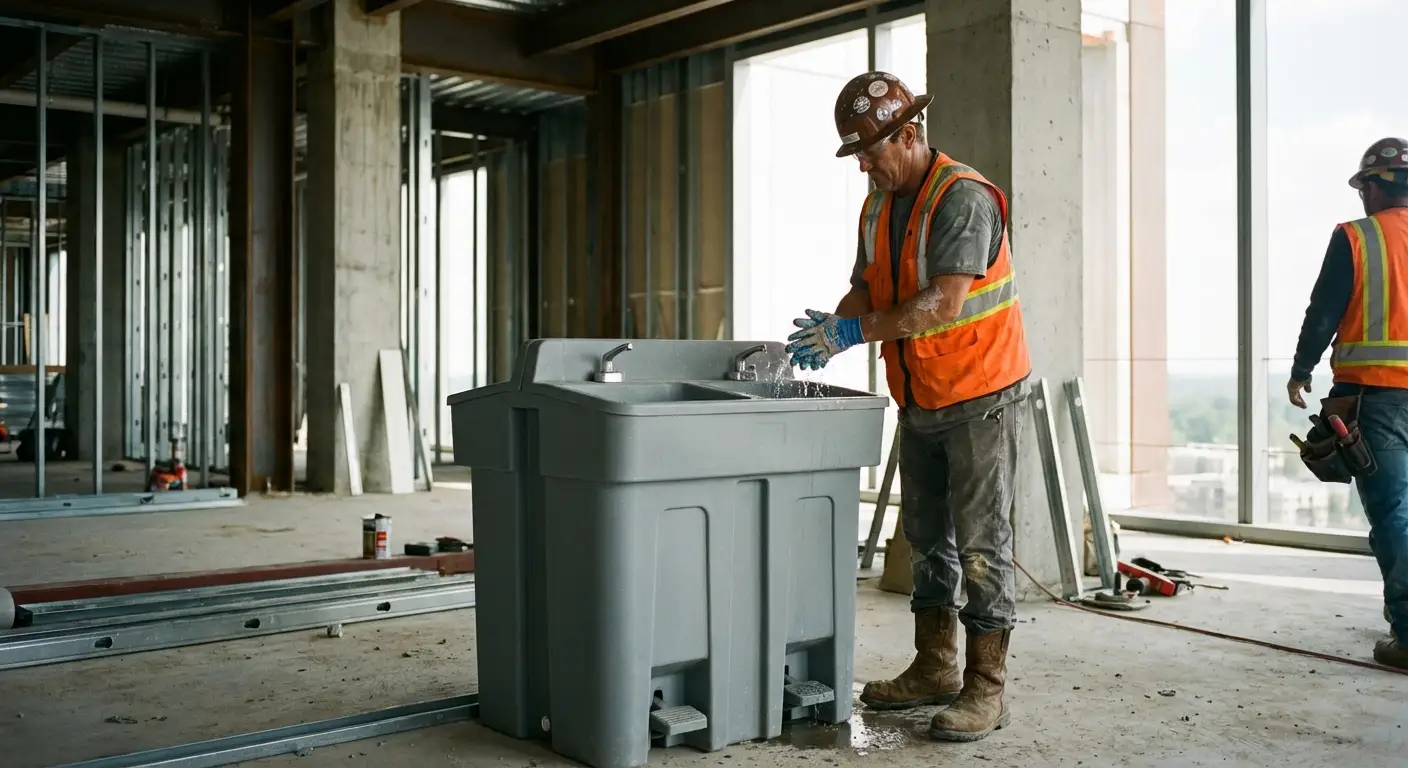 A dual-basin hand wash station positioned on a concrete floor of a high-rise construction site with the city skyline visible through open steel framing. in Augusta, GA