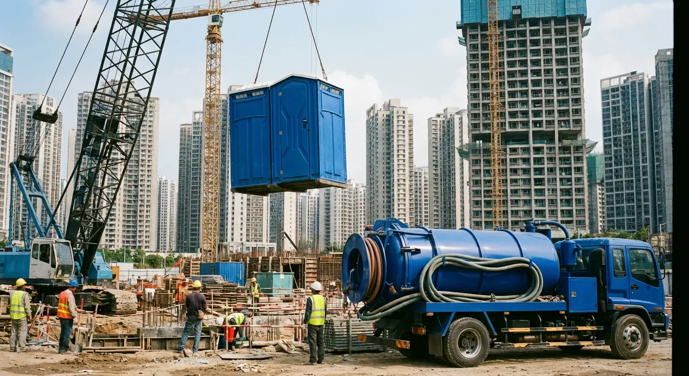 A High-Rise Crane Liftable Toilet unit suspended in mid-air by a crane against a city skyline during the day, showcasing the steel sling attachment. in Augusta, GA