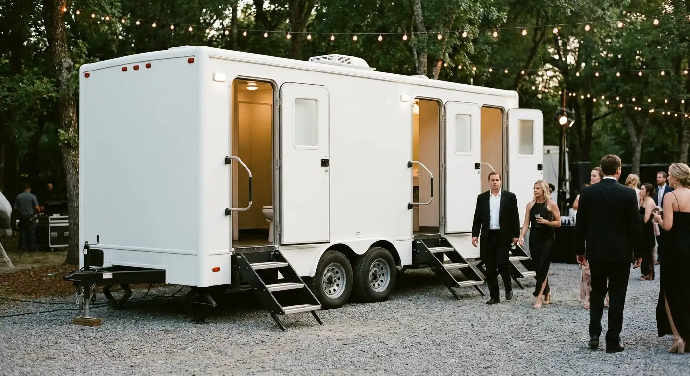 Exterior of a Luxury Restroom Trailer at an evening event, warm lighting spilling from the door, positioned discreetly near a manicured lawn. in Augusta, GA