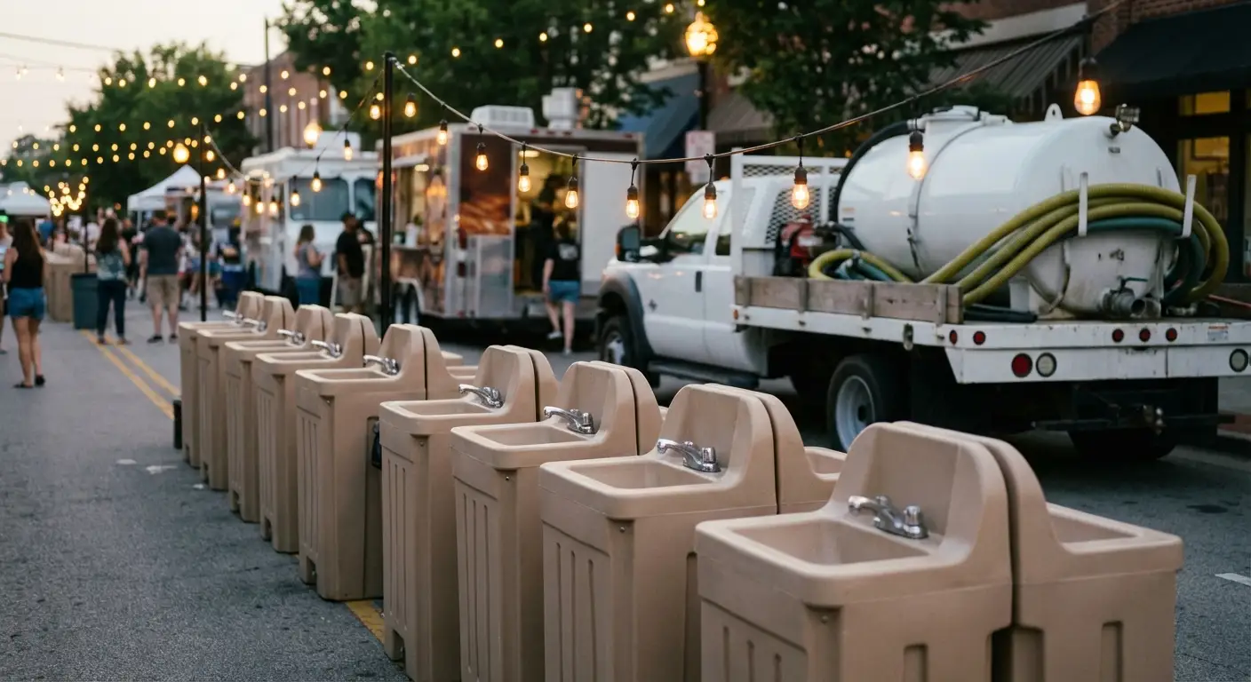 A row of clean, grey portable hand wash stations set up on pavement near food trucks, with blurred festival lights and crowd in the background. in Augusta, GA