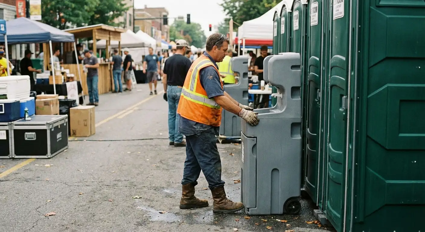 A row of pristine Special Event Portable Restrooms and hand wash stations lined up along a festival barrier with blurred crowds in the background. in Augusta, GA