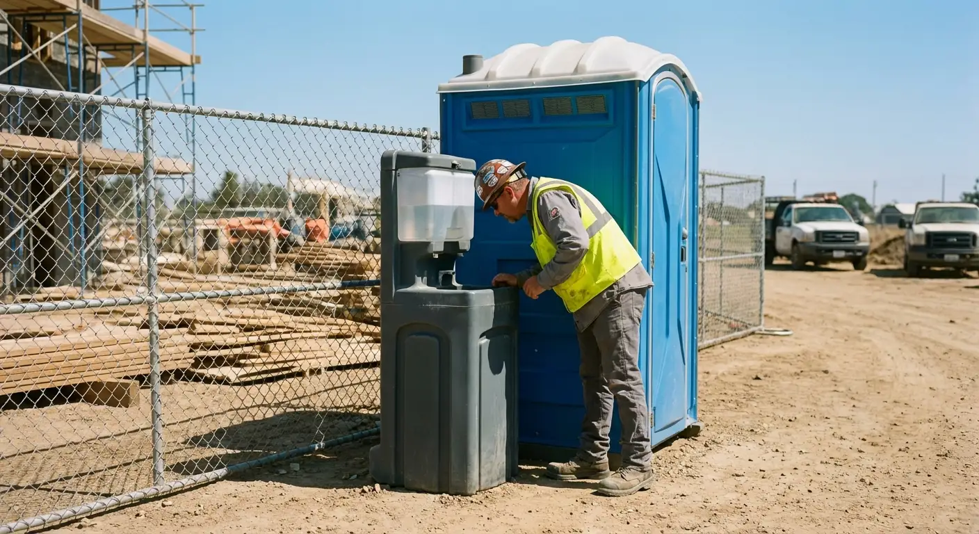 A close-up view of a portable hand wash station next to a portable toilet on a dirt construction site, focusing on the foot pump mechanism. in Augusta, GA