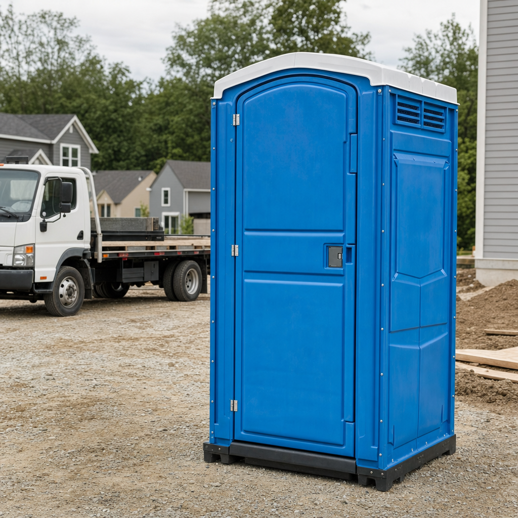 Delivery driver positioning a clean royal-blue portable toilet on level ground at a Augusta worksite