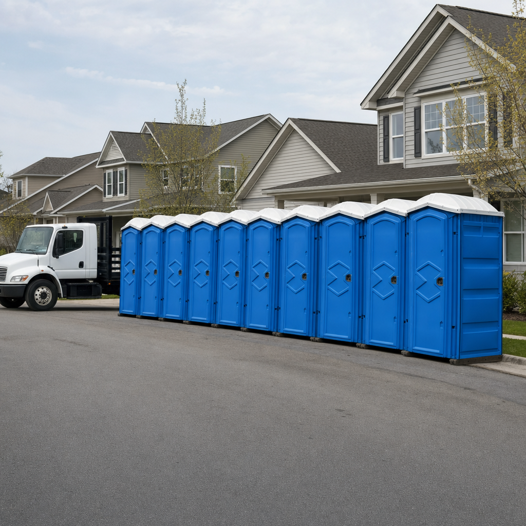 Royal blue portable toilets staged in a tidy row at a Augusta jobsite, ready for delivery